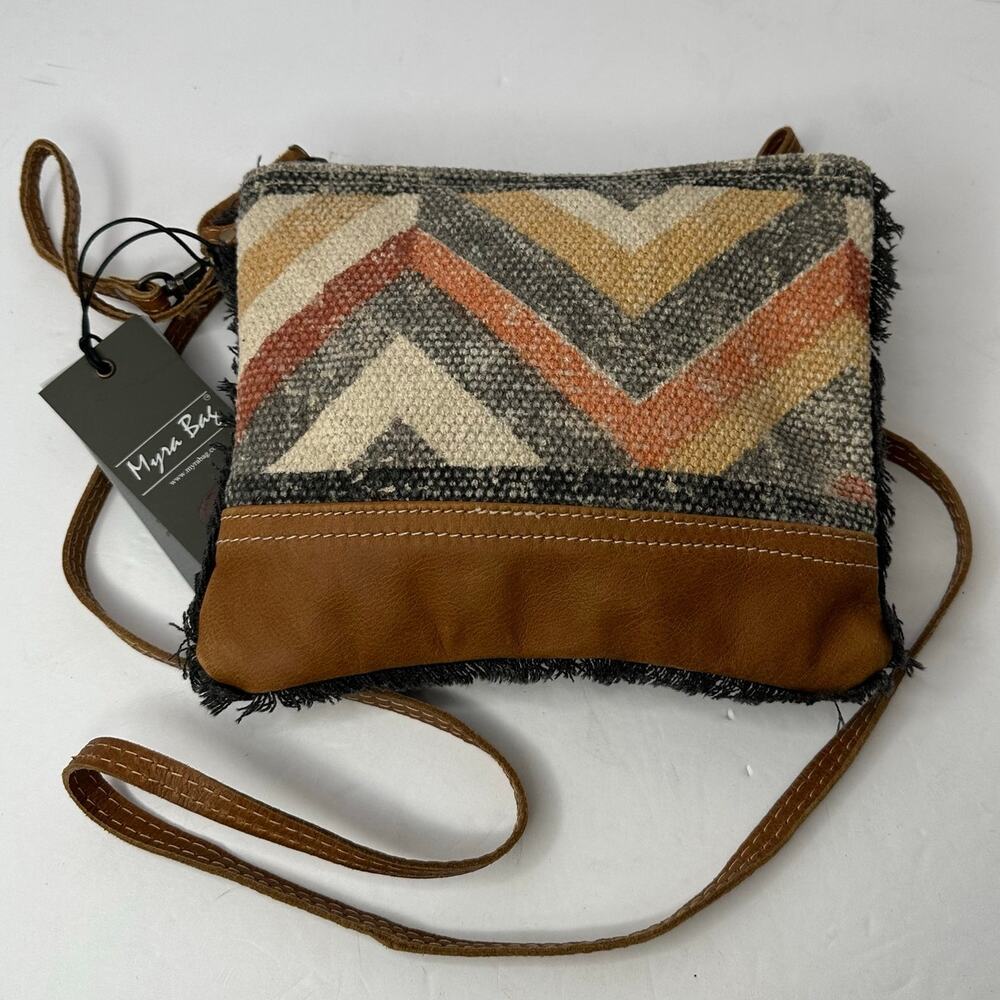 Myra Bag NWT Wool Chevron Crossbody Leather Trim Fringe Boho Upcycled Purse